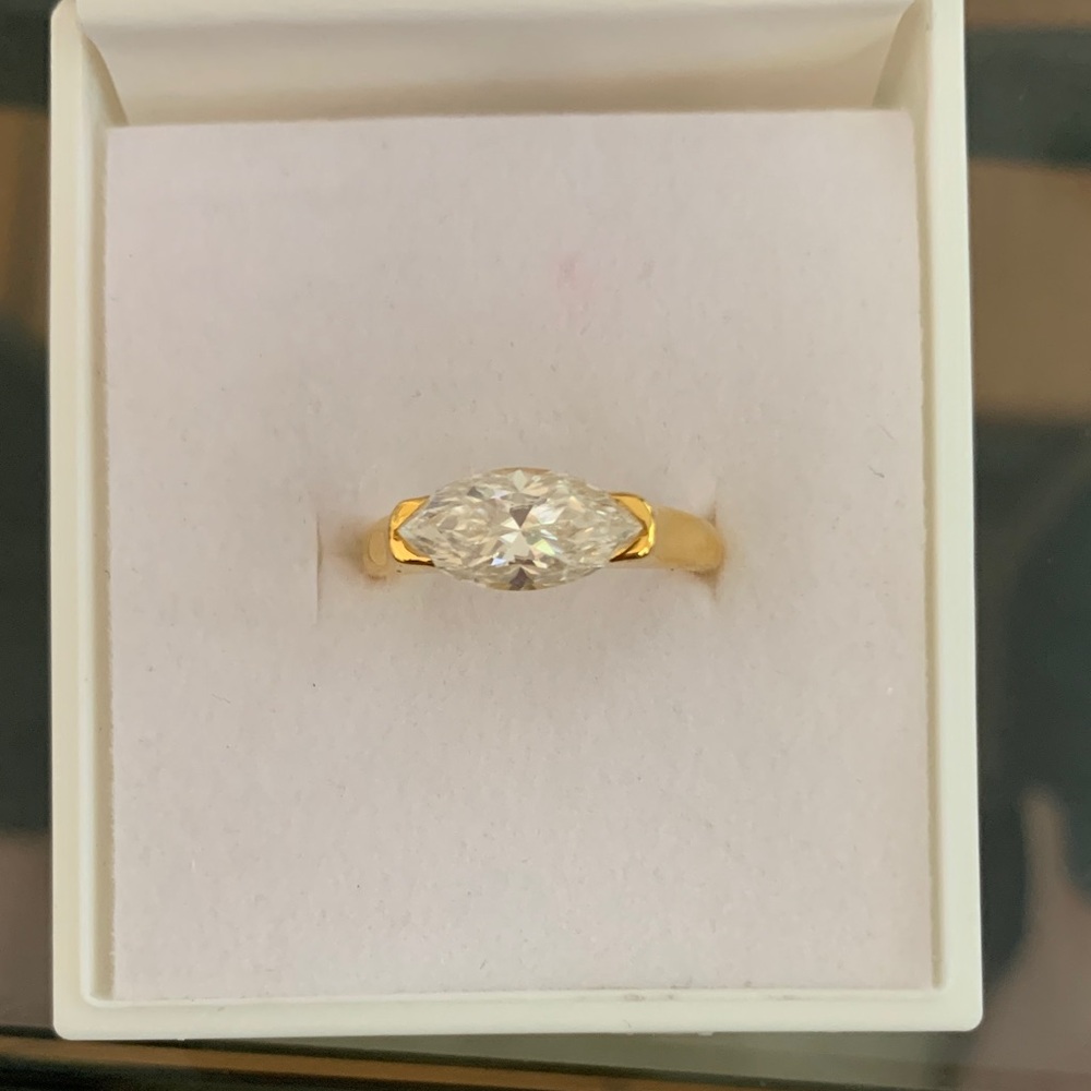 Gold Marquise East West Solitaire Ring with 2 ct Moissanite stone size 7 NEW